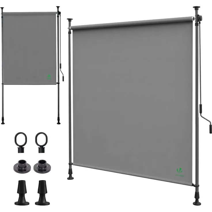 VOUNOT® Klemmmarkise Senkrechtmarkise 150x310 cm, Vertikalmarkise mit Handkurbel ohne Bohren, Ausziehbar Sichtschutz für Balkon, Garten & Terrasse, UV-Schutz & Wasserfest, Grau