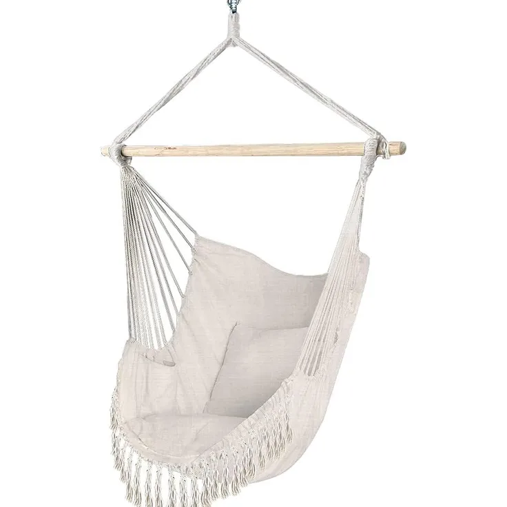 VOUNOT Hängesessel mit 2 Kissen & Bücherfach, Hängestuhl XXL Hängematte Hängeschaukel für Indoor Outdoor Garten, Beige