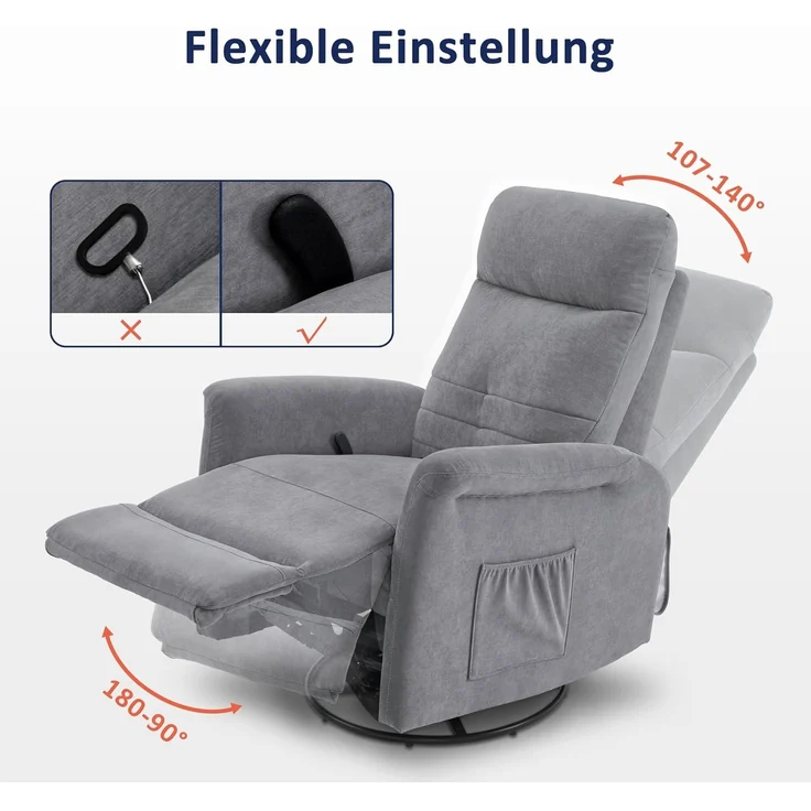 M MCombo Relaxsessel Fernsehsessel mit Liegefunktion Manuell, Massagesessel mit Wärmefunktion, TV Sessel mit Wippfunktion & Drehfunktion, 270° Drehbar, 7013 (Hellgrau) – Bild 5