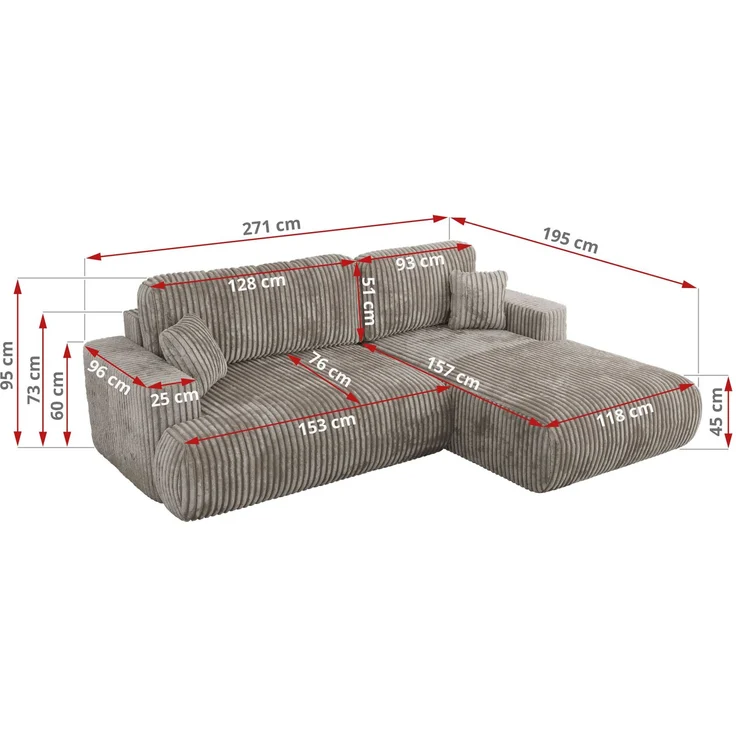 Ecksofa OVO mit schlaffunktion und bettkasten, Wellenfeder, lose Kissen, L-form 271x195 cm - Hellbraun Cord - linke Seite – Bild 6