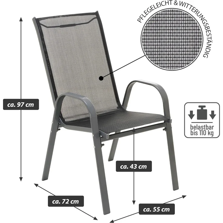 Nexos Trading 4er Set Gartenstuhl Camping Stapelstuhl Hochlehner Terrassenstuhl – Textilene Stahl stapelbar – Farbe: Rahmen anthrazit/Bespannung schwarz – Bild 3