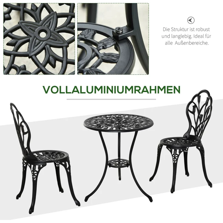 Sitzgruppe für 2 Personen, Essgruppe mit Tisch und 2 Stühlen, Aluminium Schwarz, ideal für Garten und Balkon--Schwarz--60x60x67cm--YOUDENOVA – Bild 5