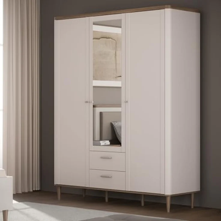 Forte LACETTI Kleiderschrank 160, eleganter Schrank mit Spiegel, 3-türig, 2 Schubladen, hohe Beine, Holzwerkstoff, Kaschmir-Beige-Valencia Eiche Holzdekor,159,8 cm breit x 200,5 cm hoch x 52,7 cm tief – Bild 2