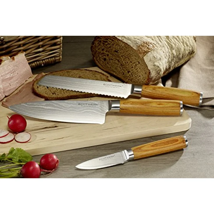 ECHTWERK Messer-Set Damaszener (Set, 5-tlg), Küchenmesser-Set mit Holzgriffen in natürlicher Optik – Bild 3