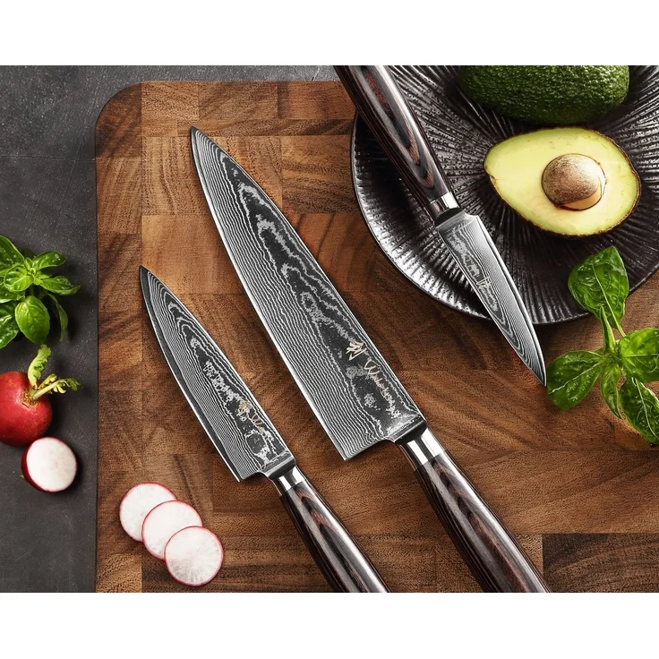 Wakoli Messer-Set EDIB Essentials 3er Damastmesser-Set Küchenmesser Kochmesser (Damastmesser mit Geschenkbox, 3-tlg, 3er Chefmesser-Set), VG10 Kern, 67 Lagen Damaststahl, Pakkaholzgriff, inkl. Geschenkbox – Bild 2