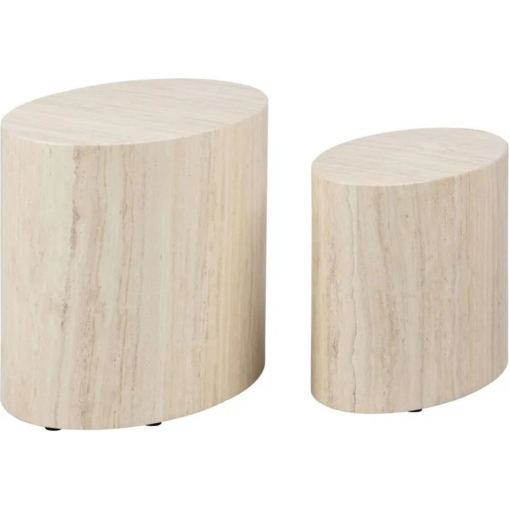 AC Design Furniture Rico Couchtisch in Beige Travertine Optik 2er Set, Platzsparende Ovale Beistelltische fürs Wohnzimmer, Moderne Satztische, B: 48 x H: 40 x T: 33 cm und B: 40 x H: 33x T: 24,5 cm
