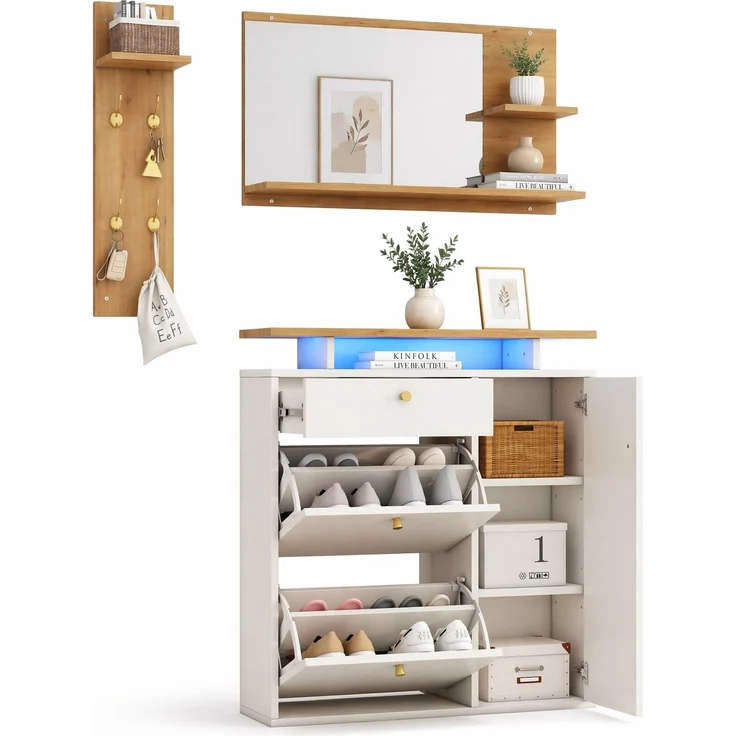 DESVIAE Garderobenschrank 3-tlg. mit LED-Beleuchtung und Spiegel 105x151,5x25 cm Spanplatte Weiß – Bild 7