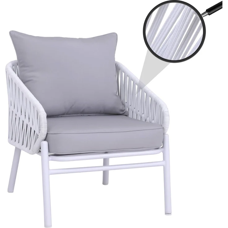Aluminium-Gartenstuhl HWC-P90, Loungestuhl Sessel Outdoor, Seilgeflecht Rope Stoff/Textil (180g/m²) ~ hellgrau – Bild 1