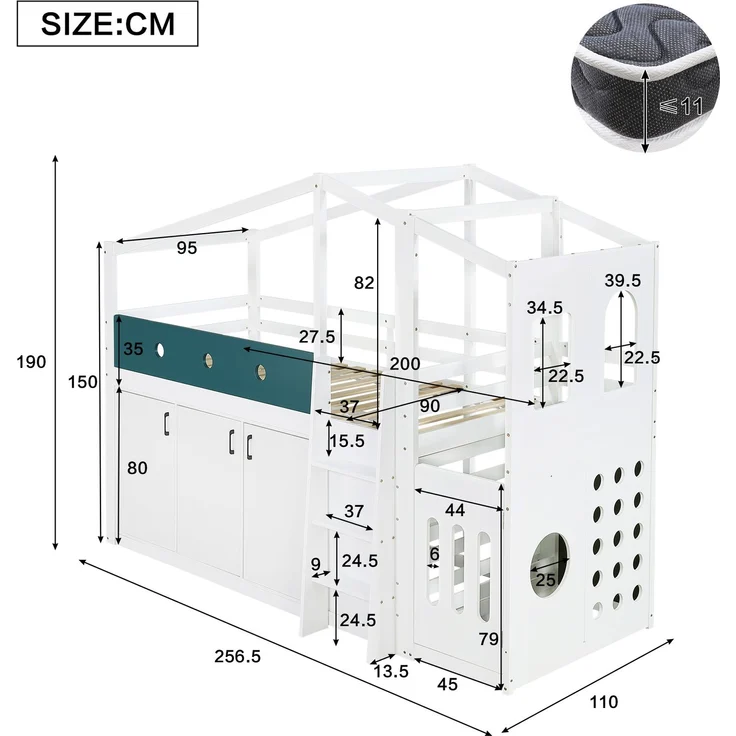 Halbhohes Kinderbett 90x200 cm in Hausform mit Spielbereich und Stauraumschrank – weiß – Bild 6