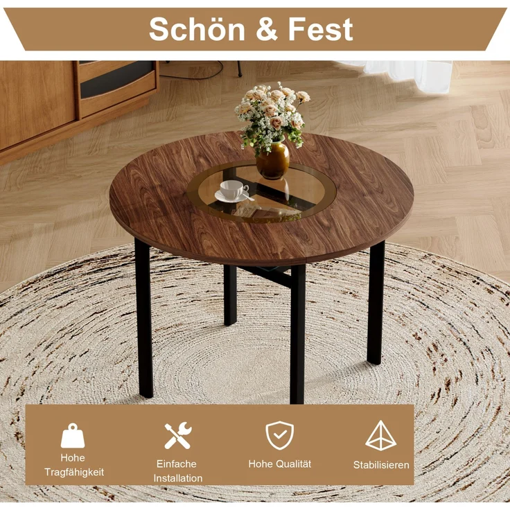 Essgruppe mit 4 Kunstlederstühlen, Tisch Ø 100x76 cm mit Glasablage, Braun/Schwarz/Weiß – Bild 6