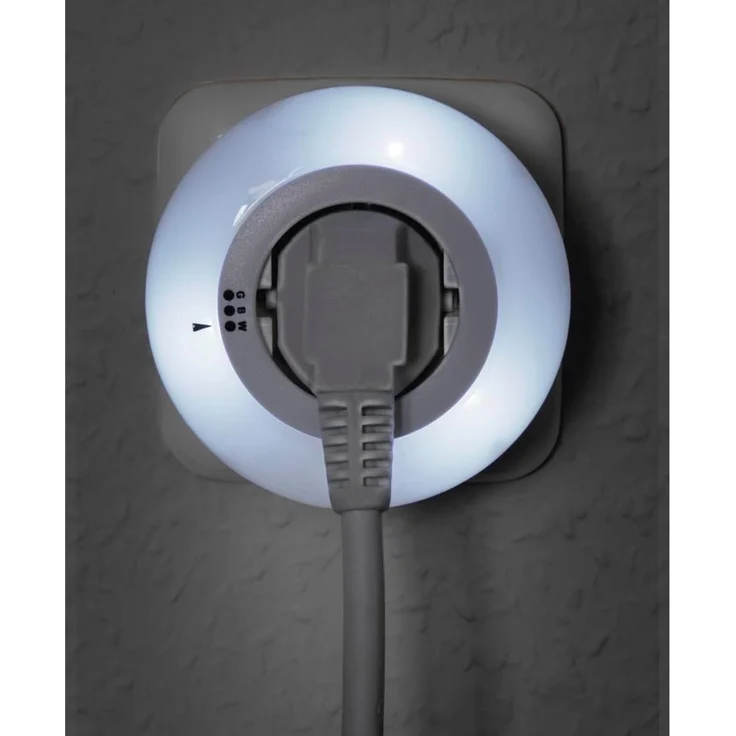 Hama LED Nachtlicht LED Nachtlicht mit Steckdose, Lichtsensor, Berührungsschutz, 3 Farben, Ein-/Ausschalter, Farbwechsel, LED fest integriert, Tageslichtweiß, blau, grün, Weiß, Blau, Grün – Bild 2