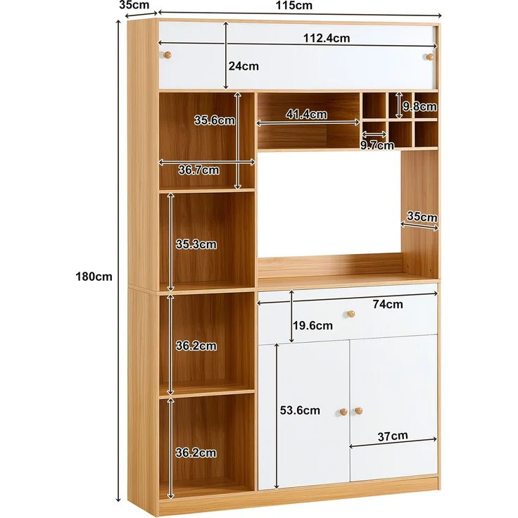 ZUBALIYA Buffetschrank 115x35x180 cm, mit LED-Beleuchtung, aus Spanplatte, Weiß / Natur – Bild 19