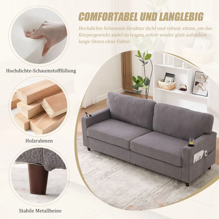 Zweisitzer-Sofa Chenille-Bezug, extraweiche Polsterung & hochverdichteter Schaumstoff, USB‑C, dimmbare LED‑Leiste,hellgrau – Bild 7