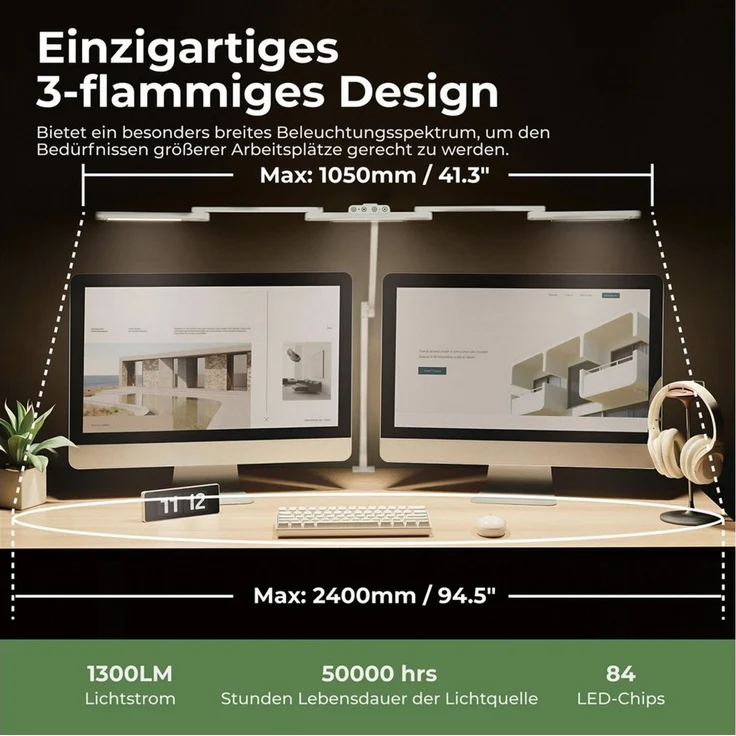 HOKO LED Schreibtischlampe mit Klemme, LED-Schreibtischlampe, LED-Schreibtischleuchte mit breitem Doppelkopf & Lichtsensor, 1300 lm, 5 Farbtemperaturen, stufenlos dimmbar, für Lernen, Büro, Weiß, LUKAS – Bild 2