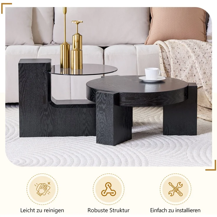 DESVIAE Couchtisch-Set 2-tlg. mit Sicherheitsglas, Ø61x30 cm, MDF in Schwarz Holzoptik – Bild 5