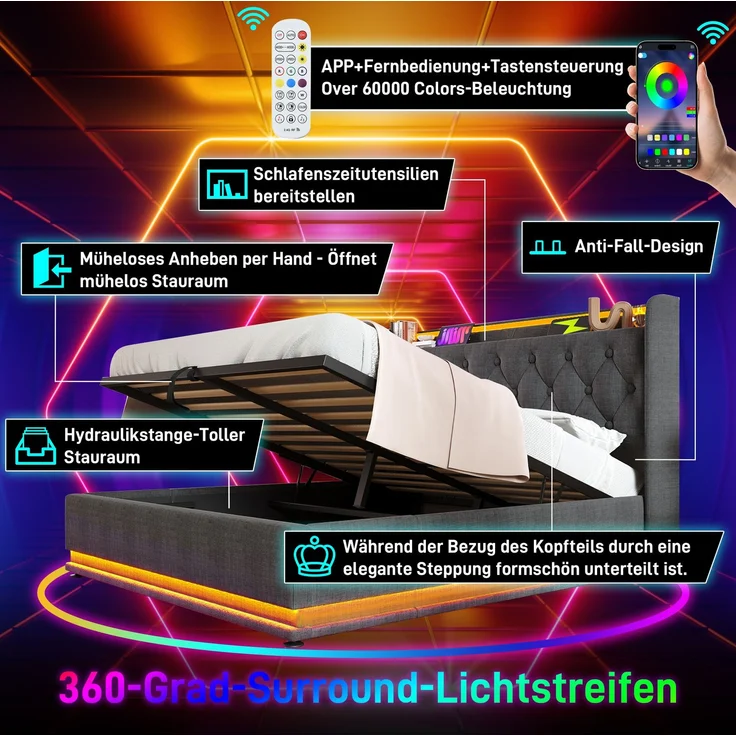 Polsterbett Leinen mit LED, USB-Anschluss & Stauraum, 140x200 cm, Grau, mit Matratze – Bild 8