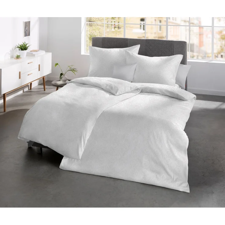 Fleuresse Havanna Damast Bettwäsche uni 155x220 Wellen Schlangen weiß 454610-100 – Bild 1