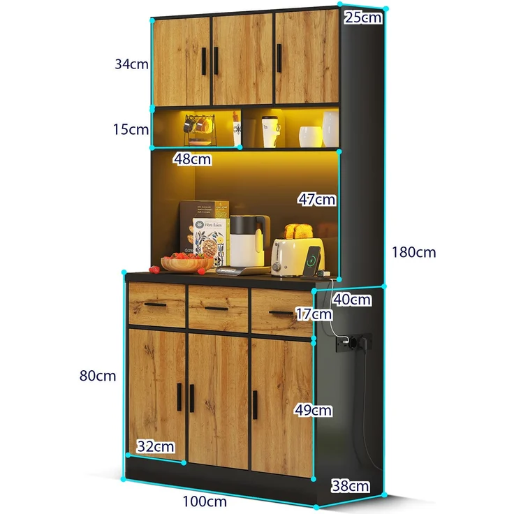 100x40x180cm, multifunktionales Buffet mit LED-Beleuchtung mit APP-Steuerung, Schubladen, verstellbaren Einlegeböden, Kabelführungslöchern und Steckdosen, ideal für Küchen und Esszimmer – Bild 9