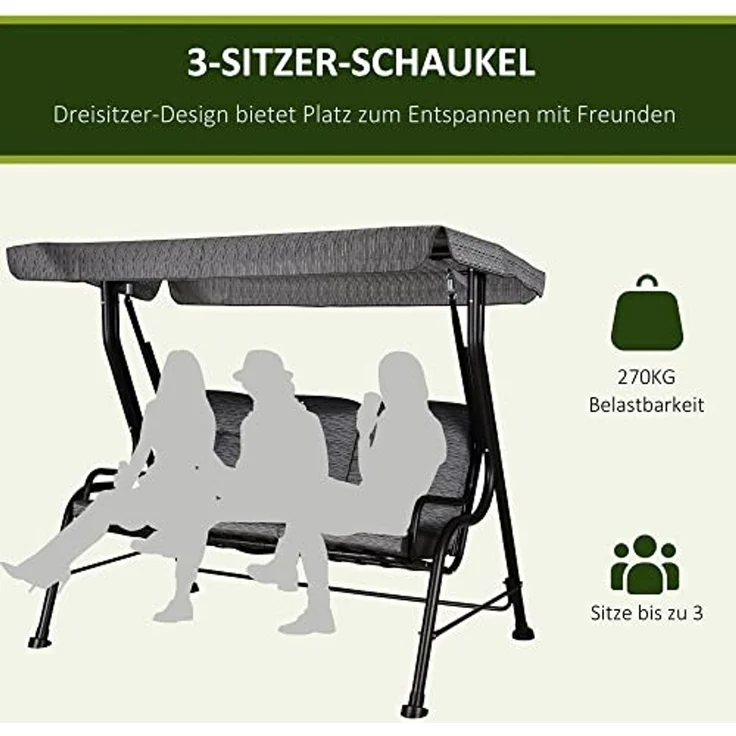 Outsunny Hollywoodschaukel Gartenschaukel mit Sonnendach, 3-Sitzer, Bettfunktion, Hollywoodschaukel, 1 tlg, Gartenschaukel, für Garten, Balkon, Schwarz – Bild 5