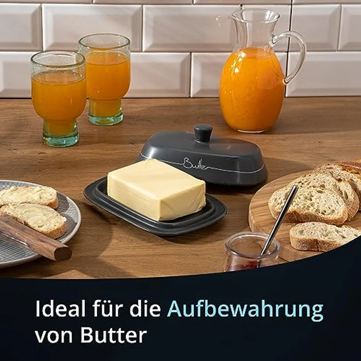 KHG Butterdose Anthrazit Grau Keramik Steingut poliert mit Griff für 250g Butter, Butter Box mit Beschriftung, Butter Behälter zur Aufbewahrung, mit Deckel-Griff – Bild 3