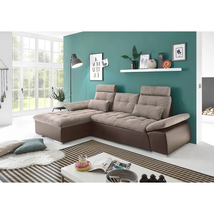 Ecksofa Couch Schlafcouch Schlafsofa Lederlook braun beige Ottomane links L-Form