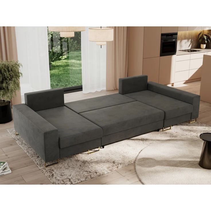 U-förmiges Ecksofa auf goldenen Metallbeinen, mit Schlaffunktion und drei Bettkästen für das Wohnzimmer - DORIAN U - Dunkelgrau Velours – Bild 5