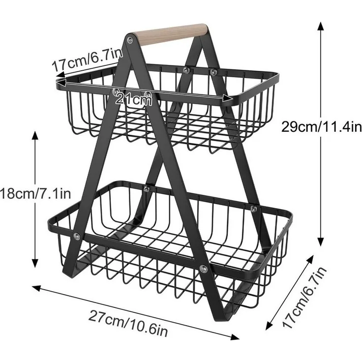 FIVMEN Obstschale Obst Etagere Obstkorb Metall Obst Schüssel Halter ​Brotkorb Ablagekorb, mit Holzgriff Tortenständer Gemüsegestell für Küche, 2 Etagen/3 Etagen