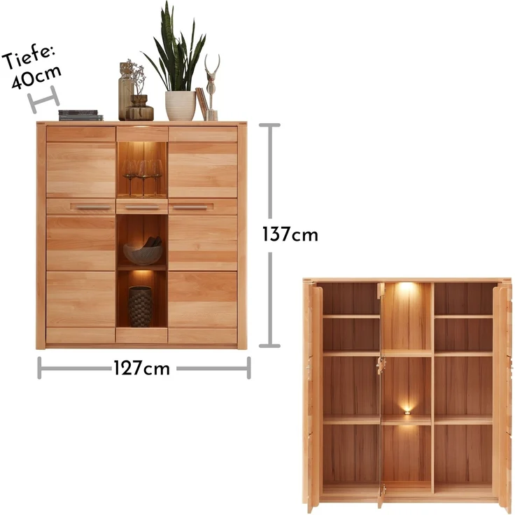 Highboard >Nature One< 3 Türen, mit LED, FSC, Kernbuche teilmassiv - 127x137x40cm (B/H/T) – Bild 3