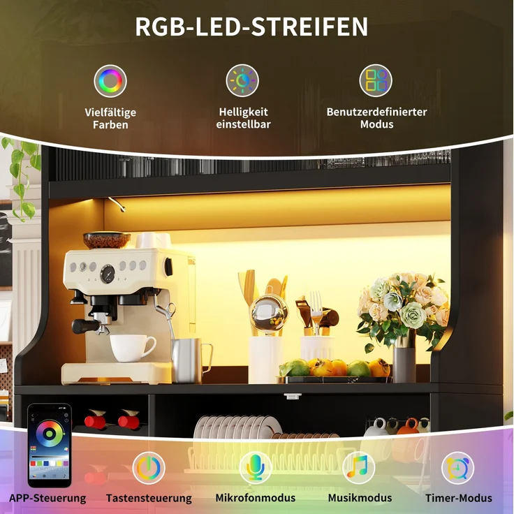 Küchenhochschrank 120x40x180 cm in Schwarz mit RGB-LED, Glasschiebetüren, Weinregal und 3 Schubladen – Bild 8