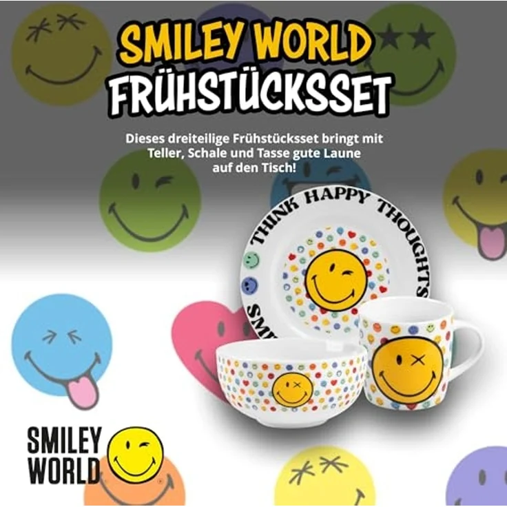 United Labels® Frühstücks-Geschirrset Smileyworld - Think Happy Thoughts - Set, 3-tlg, 1 Personen, Porzellan – Bild 2