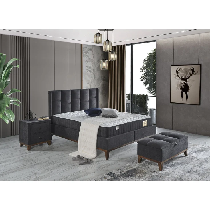Schlafzimmer-Set "Rina" – Bett mit Bettkasten und Matratze , Nachttisch, Bettbank-Anthrazit – Bild 1