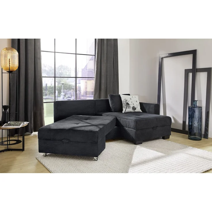 Ecksofa Schwenkfunktion Doppelbett Schlafcouch Bettkasten Cordbezug in Schwarz – Bild 3
