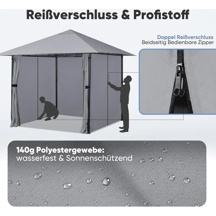 Sekey Garten Pavillon 3x3 m Wasserdicht Stabil Partyzelt, Gartenzelt mit 4 Seitenteile Reißverschluss, 180g/㎡ Polyester, Grau – Bild 5