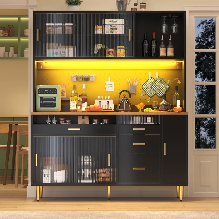 Sideboard 145x39x171 cm, schwarz, mit LED, Glasschiebetür, höhenverstellbaren Fächern – Bild 2