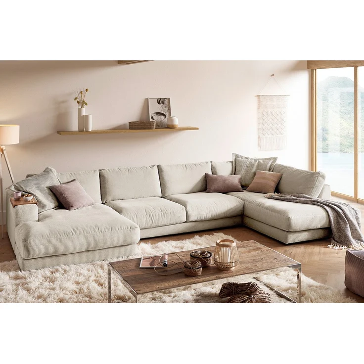 KAWOLA Sofa MADELINE Wohnlandschaft U-Form Cord cremeweiß Longchair links 86 x 224 x 425 cm – Bild 2