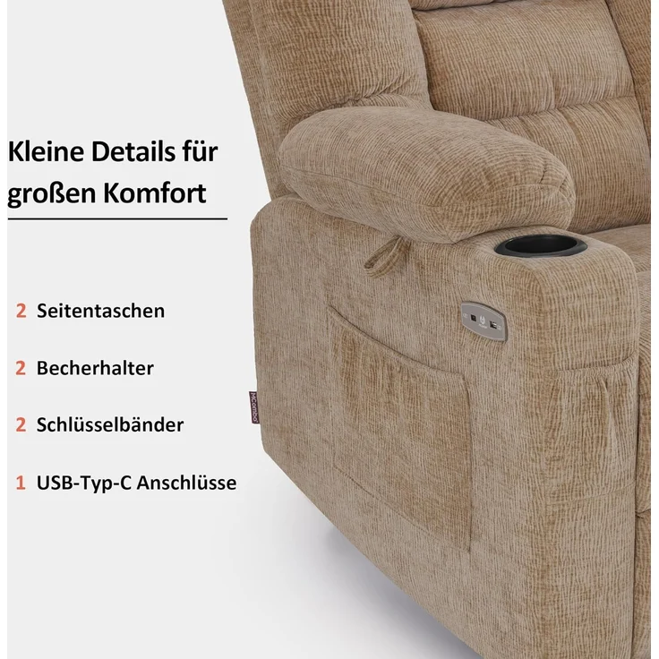 M MCombo Fernsehsessel mit Aufstehhilfe Elektrisch 7550, 3 Motoren, Rückenlehne & Beinstütze Getrennt Verstellbar, Relaxsessel mit Liegefunktion bis 170° (Chenille, Beige) – Bild 8
