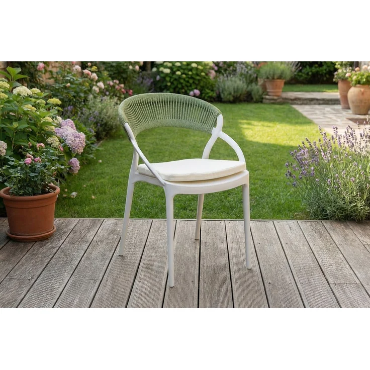 KAWOLA Gartenstuhl KISO Outdoor weiß mit Kissen Rückenlehne Rope grün 79 x 58 x 54 cm – Bild 1