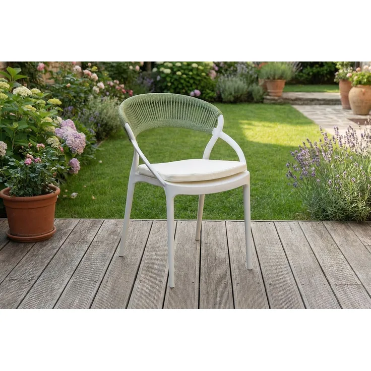 KAWOLA Gartenstuhl KISO Outdoor weiß mit Kissen Rückenlehne Rope grün 79 x 58 x 54 cm