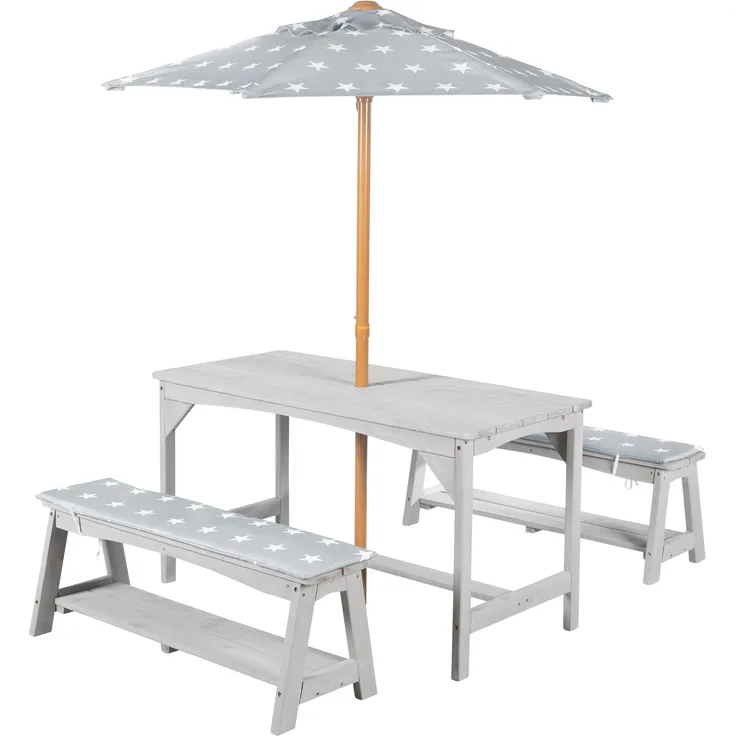 roba Kindersitzgruppe 'Outdoor+' - 'Little Stars' Sonnenschirm & Sitzauflagen - Massivholz - Grau
