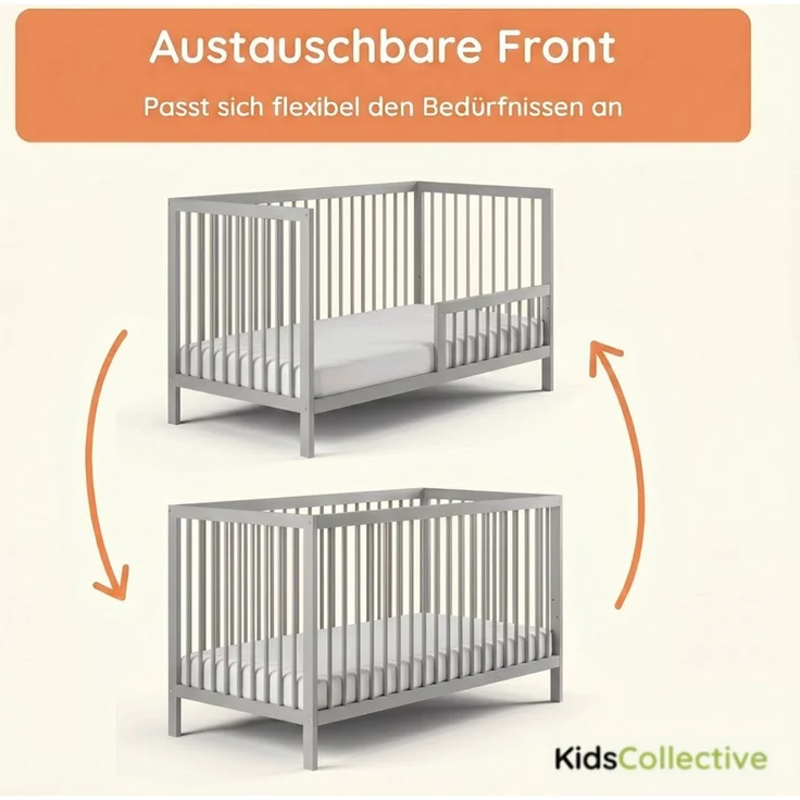 Kids Collective Babybett Kinderbett Gitterbett Baby Bett mit Rausfallschutz 60x120 70x140, stabiles Buchenholz, made in Europe 60x120 cm Grau – Bild 4