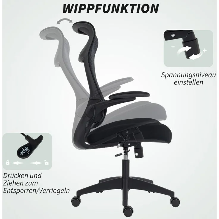 Ergonomischer Bürostuhl schwarz, Netzrücken, 3D-Armlehnen, Kopfstütze, 120 kg – Bild 6