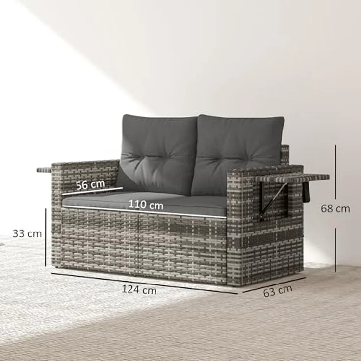 Outsunny Gartensofa mit Kissen, Klappbar Seitentabletts, Loungesofa 1 Teile, für Garten Terrasse Balkon, Poly Rattan Hellgrau – Bild 3
