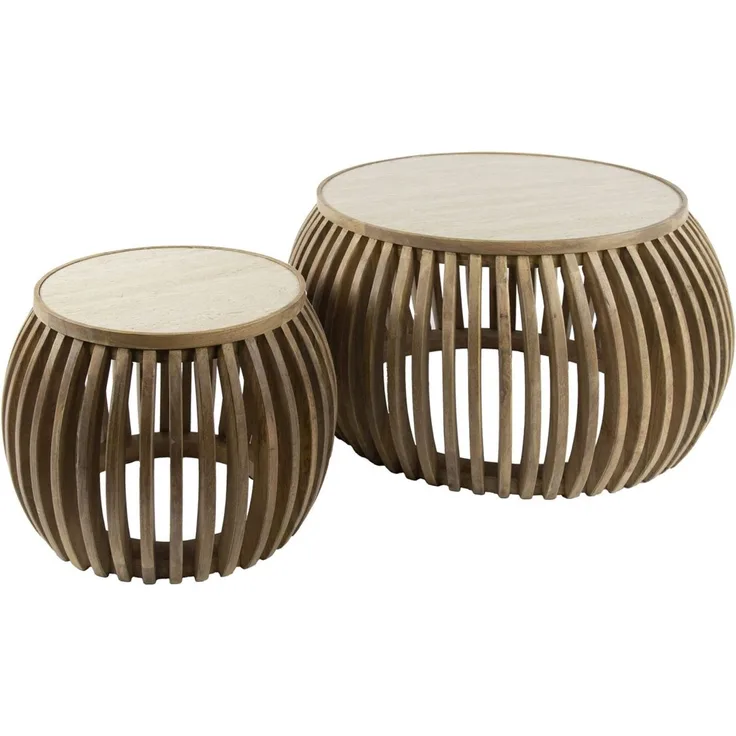 Couchtisch Set Tratin aus massivem Mangoholz, skandinavisches Design, rund, natur beige, Travertin-Optik