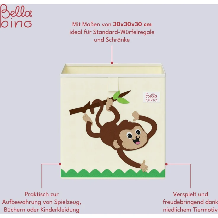 Bellabino 'Helme' Aufbewahrungsbox Affe, aus Oxford-Gewebe, 30 x 30 x 30 cm, beige – Bild 3
