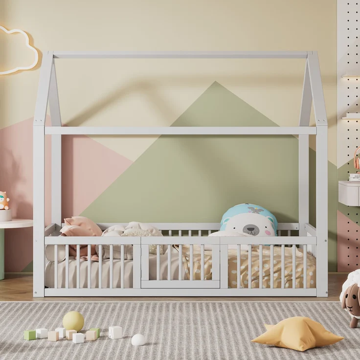 Bett 90x200 cm Hausbett aus Kiefernholz mit Türchen und Rundum-Sicherheitsgitter, ohne Matratze, Weiß – Bild 1