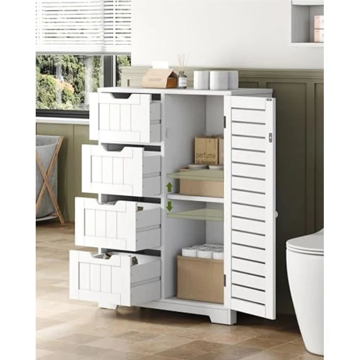 Mondeer Badkommode Badezimmerschrank (Moderne Shutter Design), mit 4 Schubladen 1 Tür,56 x 30 x 82,5cm, Weiß – Bild 7