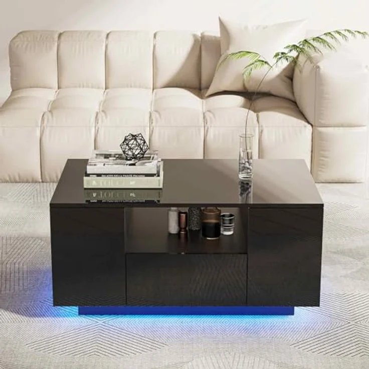 Makika LED Couchtisch mit Ablagefach und Schubladen, Holz schwarz, Hochglanz, 95 x 57 x 45 cm – Bild 5