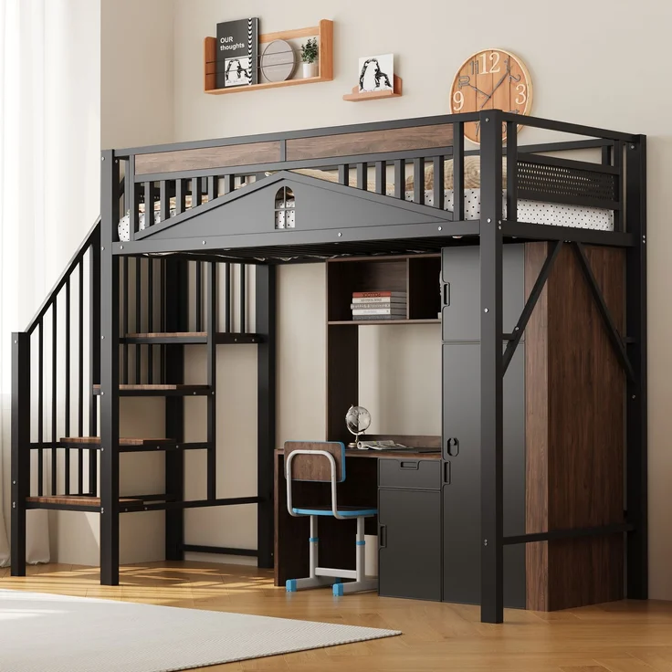 Metall-Hochbett 90x200 cm, Einzigartige Sicherheitsumrandung mit Fenster, Mit Sicherheitsleiter, Genügend Platz unter dem Bett für freien Stoffbezug, Schwarz – Bild 3
