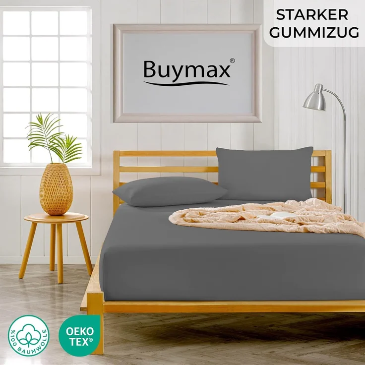 Buymax Spannbettlaken Topper, Spannbetttuch für Topper bis 9 cm Höhe, 100% Baumwolle Jersey, Anthrazit-grau, Topper 120x200 cm, 1 – Bild 2
