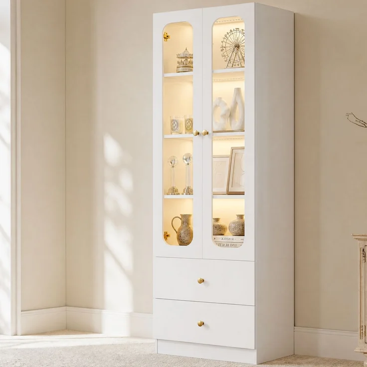 ZUBALIYA Glasvitrine, Küchenschrank, Aktenschrank, Sammelfiguren-Vitrine, 4 Ebenen Spielzeugschrank mit 2 Schubladen, LED-Leiste mit RGB-Farbwechsel per App steuerbar, goldene Metallgriffe, weiß, 60x35x170 cm – Bild 7